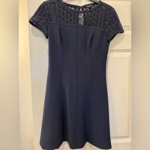 Ann Taylor Petite Navy Flared Short sleeve dress, cut out detailed neckline, 2P